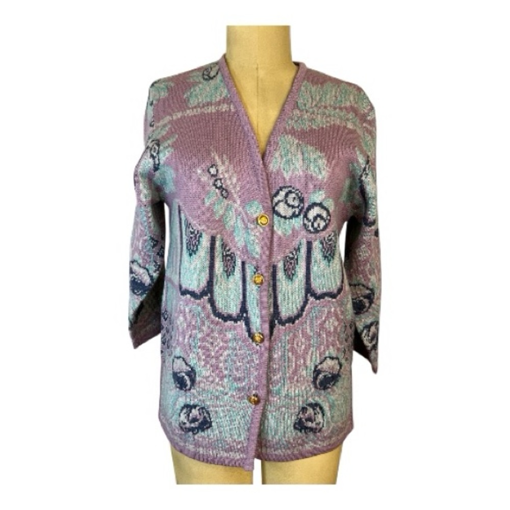 Vintage Camela Wool geo/floral Jacquard V-Neck Cardigan Sweater in Lilac & Mint